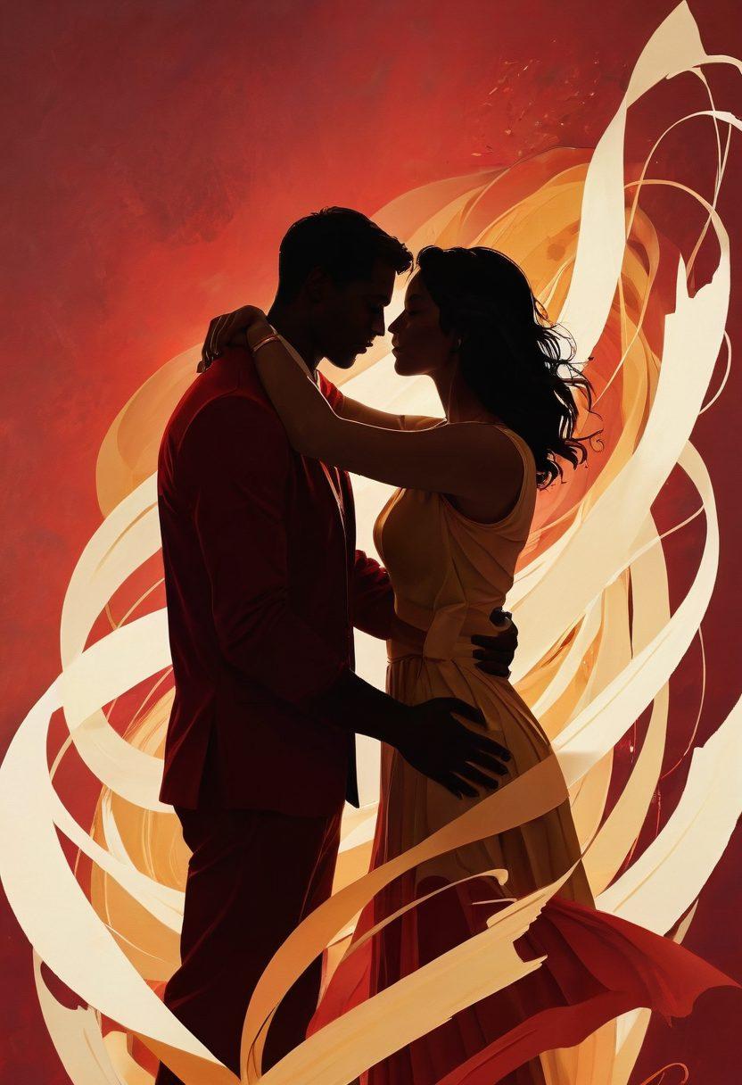 An abstract representation of passionate storytelling, featuring a warm color palette with deep reds and soft golds. Include silhouettes of couples embracing, surrounded by flowing, intertwining lines that symbolize narrative threads. In the background, subtle hints of books and film reels to represent storytelling mediums. The overall atmosphere should evoke intimacy and creativity. super-realistic. warm colors. soft focus.